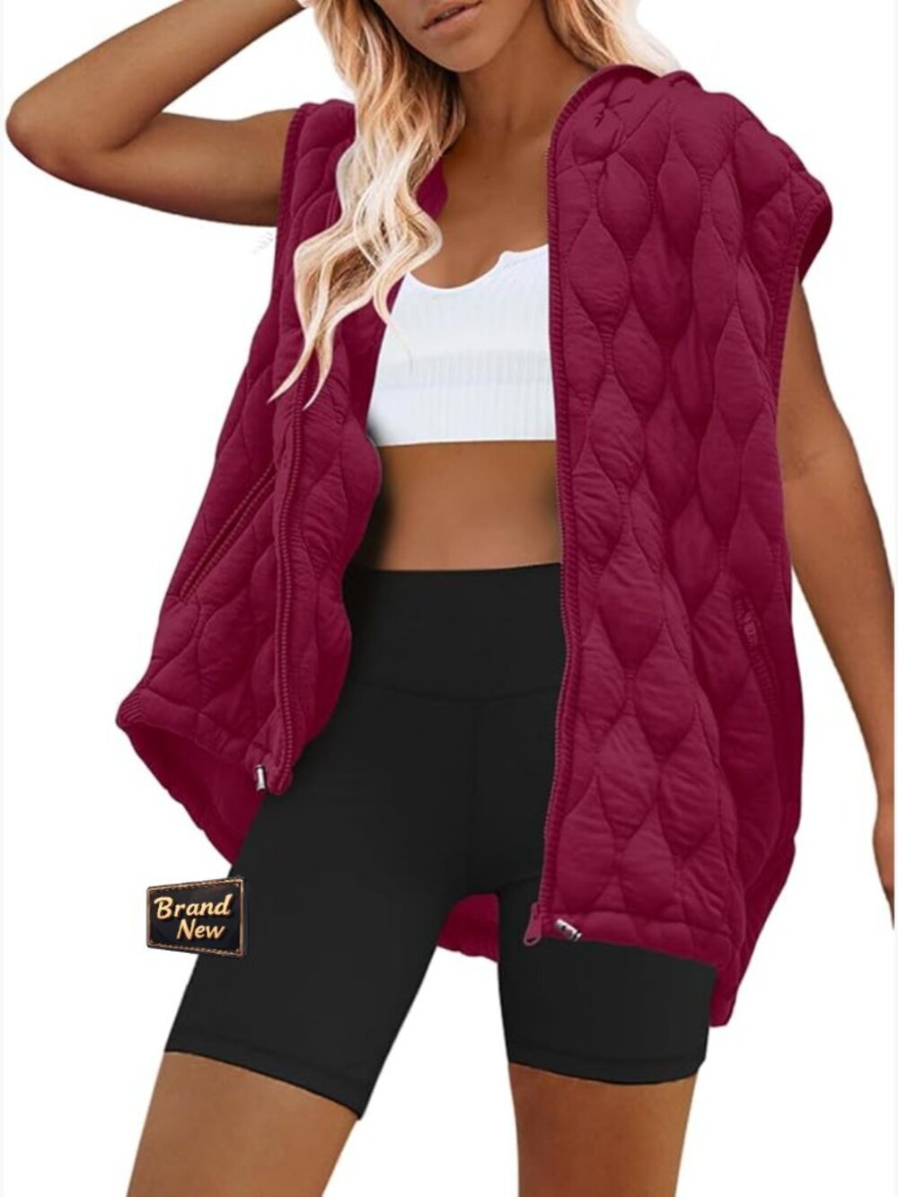 Oversized Puffer Vest Sleeveless Quilted Jacket Zip Up Hooded Puffy Winter Coat